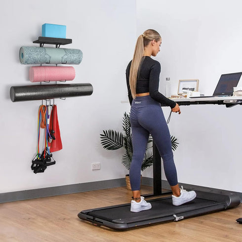 VINAEMO Yoga Mat Holder Accessories - Wall Mount Organizer with 4 Hooks and Wooden Shelves for Foam Roller and Towel
