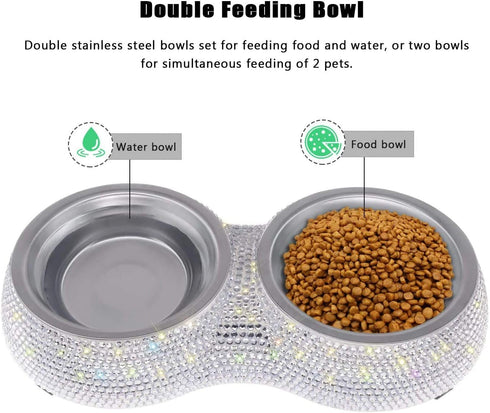 SAVORI Small Dog Bowls - Handmade Bling Rhinestones Stainless Steel Double Food Water Feeder for Cats and Dogs (Silver,