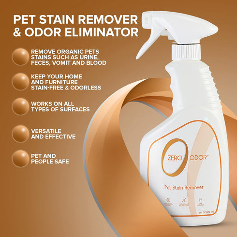Zero Odor Pet Stain Remover & Odor Eliminator, 16oz - Best for Carpet, Furniture, Floors, Pet Bed - Over 400 Sprays