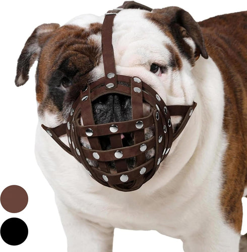 CollarDirect Leather Dog Muzzle for Boxer, English American Bulldog - Adjustable, Breathable, Anti-Barking (Brown)