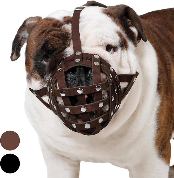 CollarDirect Leather Dog Muzzle for Boxer, English American Bulldog - Adjustable, Breathable, Anti-Barking (Brown)