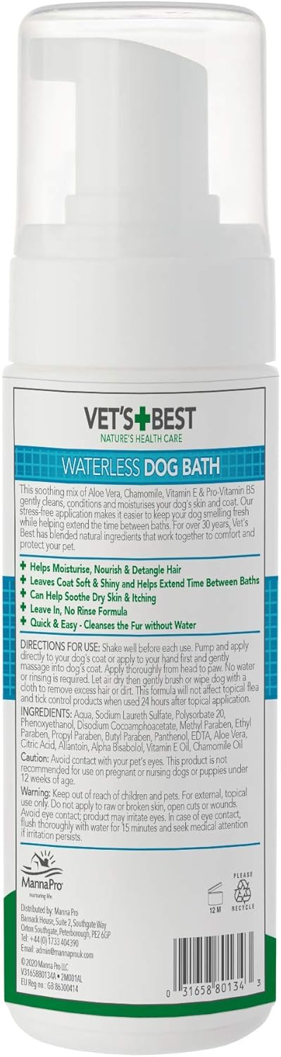 5 oz Vet's Best Waterless Dog Bath, No Rinse Dry Shampoo for Dogs, Natural Plant-Based Formula, Refreshes Coat