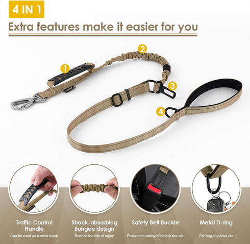 Tactical Dog Leash Heavy Duty 4-6ft, No Pull Bungee for Medium Large Dogs with Padded Double Handle, Brown