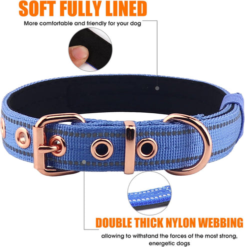 Neoprene Padded Dog Collar, Heavy Duty Nylon for Small Medium Large Dogs, Adjustable Reflective with Metal Buckle