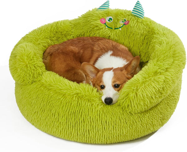 Jiupety Cute Calming Dog and Cat Bed, Indoor High Bolster Donut Dog Beds, Plush Cuddler Bed (L, 27"x27"x14") Green
