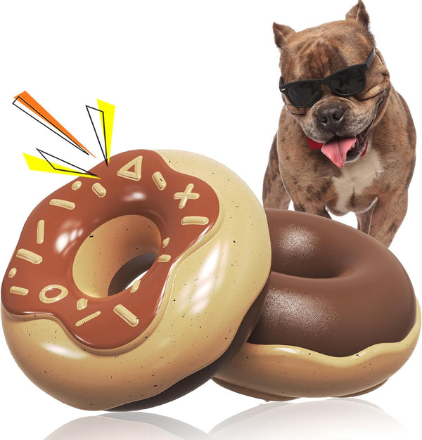 Dog Chew Toys for Aggressive Chewers - Indestructible Tough Squeaky Toys for Small/Medium/Large Breeds, Donut Brown
