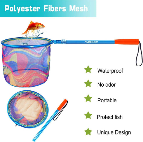 PLUSINNO Kids Fishing Net, Telescopic Lightweight Landing Net with Aluminum Pole Handle and Nylon Mesh for Outdoor