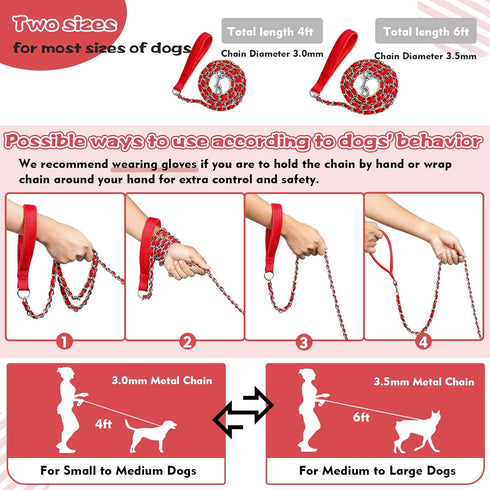 Heavy Duty Metal Dog Leash, Chew Proof Chain Leash with Comfortable PU Leather Padded Handle for Medium Large Dogs