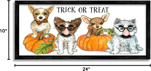 Stupell Industries Trick or Treat Festive Pet Dogs Halloween Outfits, Black Framed Wall Art, 10 x 24, Orange