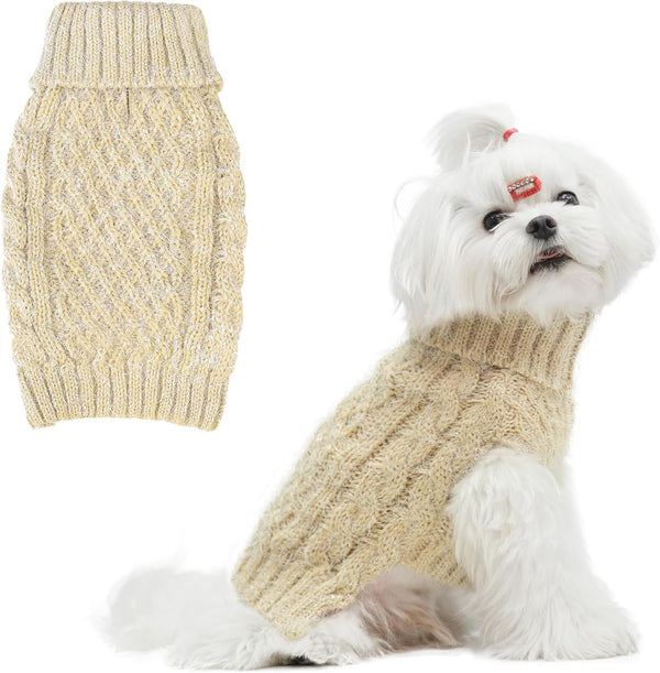 Turtleneck Small Dog Sweaters - Classic Cable Knitwear Winter Coat for Small Medium Dogs, Cream, Size S