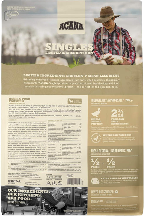 ACANA Singles Duck and Pear Recipe, Limited Ingredient Diet Dry Dog Food, 4.5 lbs