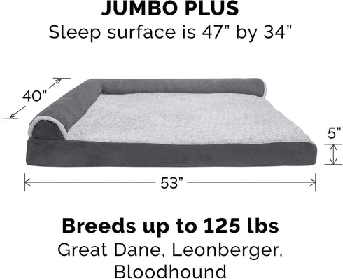 Furhaven Replacement Dog Bed Cover, Two-Tone Faux Fur & Suede Chaise, Jumbo Plus, Stone Gray