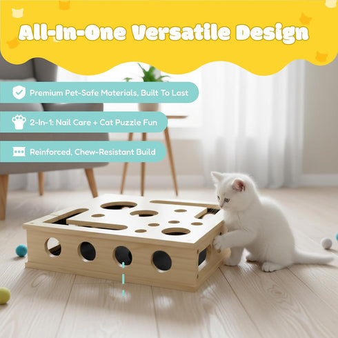 Yumcute 3 Cat Nail File Enrichment Box - Wooden Scratch & Puzzle Toy with Bell Balls, Sandpaper Pad for Indoor Cat Claw