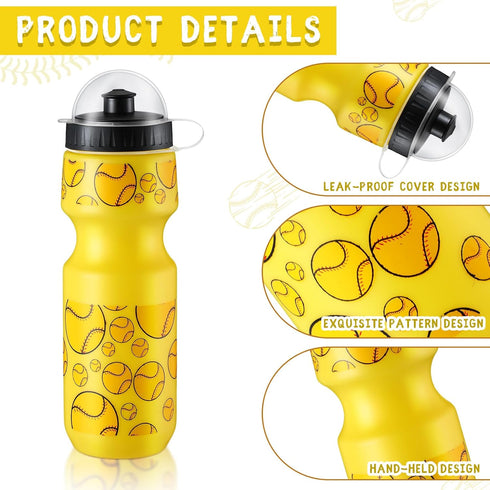 Hosuly 24 Pcs 24 oz Baseball Water Bottle Set, Drawstring Bag, 12 Reusable Plastic Tumblers for Party Favor (Yellow)