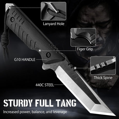 NedFoss Tactical Survival Knife - 440C Steel Blade, G10 Handle, Kydex Sheath, Fire Starter - Camping Gift for Men