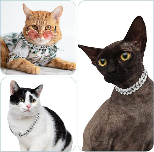 Dog Chain Diamond Collar with Secure Buckle, Metal Chain Jewelry Accessories for Small Medium Large Dogs (Silver, 8