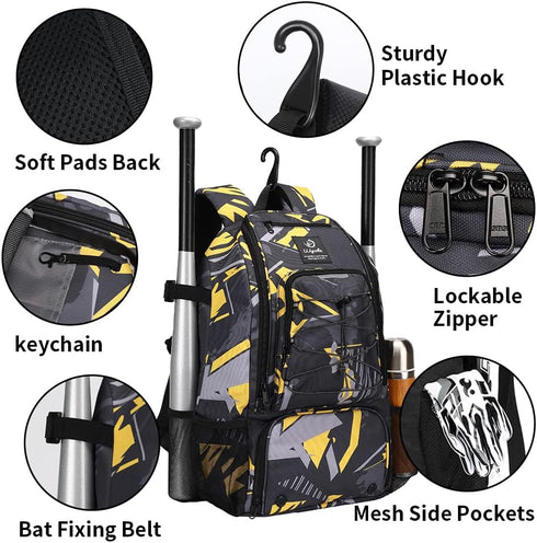 Sports Baseball & Softball Bat Bag for Youth & Adults, Backpack with Shoe Compartment and Fence Hook