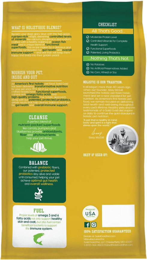 Solid Gold Dry Dog Food for Adult & Senior Dogs - Holistique Blendz Potato Free High Fiber with Oatmeal, Pearled
