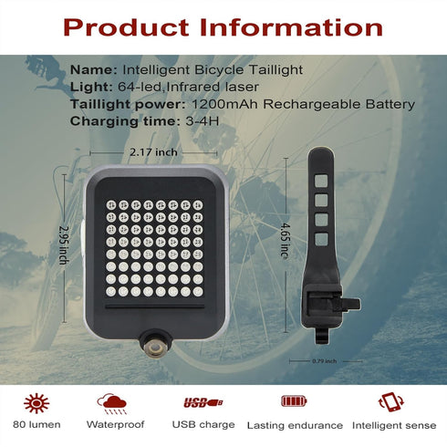 Intelligent Bike Tail Light with Smart Rechargeable LED, Automatic Direction and Brake Sensor for Enhanced Safety