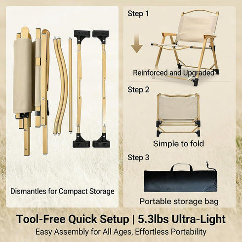 11.6 Folding Camping Chair, Outdoor Chair with Wooden Armrests,Folding Chair for Camping, Hiking, Beach, Picnic, Indoor