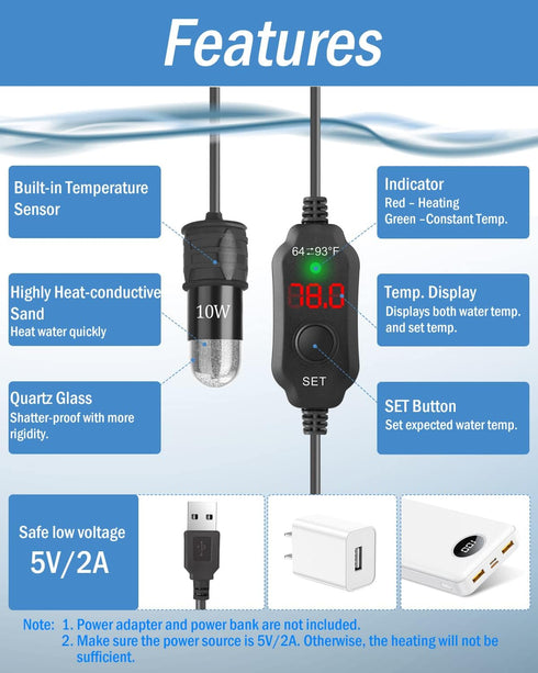 AquaMiracle Adjustable 10W Betta Heater, Submersible Fish Tank Heater for Up to 1 Gallon Tanks with Digital Display.