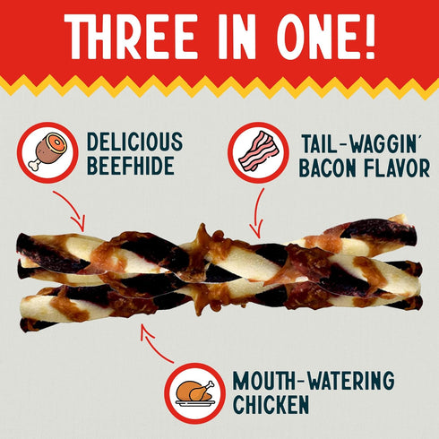 Canine Chews 5" Triple Flavor Rawhide Stick Twists for Small Dogs - Chicken, Pork, Beef Flavor Chew Toy (100 Pack)