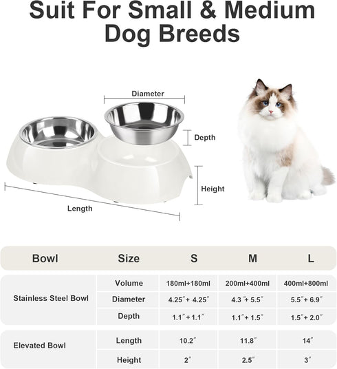 Double Dog Bowl Set, Two 6.9 fl oz Stainless Steel Bowls & Elevated Base, Ideal Feeding Solution for Small to Large Pets