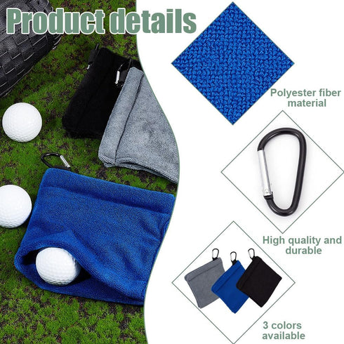 OLYCRAFT 3Pcs Golf Ball Towel with Clips, 5x5.5 Inch Small Dark Blue Black Gray Polyester Golf Towels