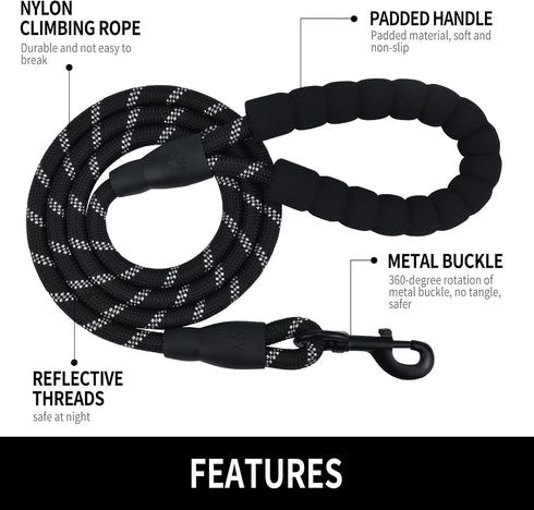 5/6 FT Strong Pet Dog Leash with Soft Padded Handle, Highly Reflective Rope for Night Walking (6ft)