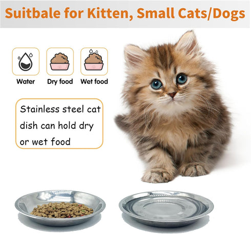 Stainless Steel Shallow Cat Food Bowls, Wide Cat Dish, Puppy Bowls, Elevated Stands, 4 Pcs