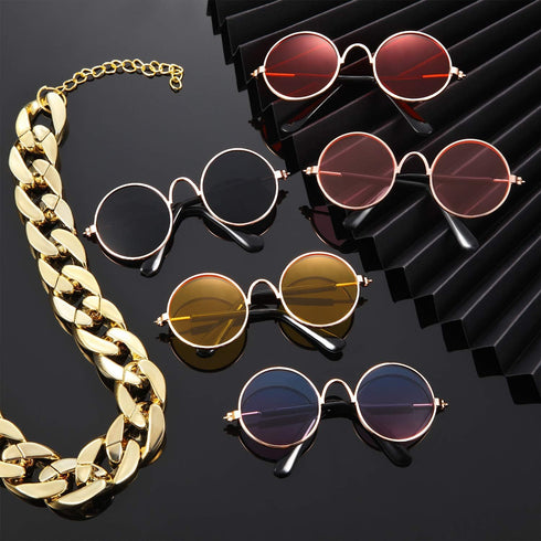 7 Pieces Sunglasses for Cats and Dogs, Gold Chain Costume, Funny Cute Retro Pet Cosplay