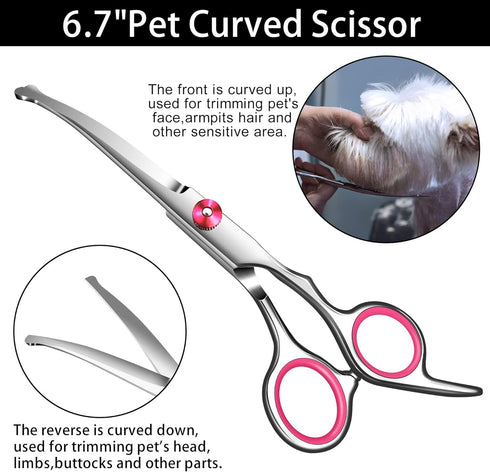 Pink Dog Grooming Scissors Kit with Safety Round Tip, Includes Thinning & Curved Scissors and Comb for Dogs & Cats
