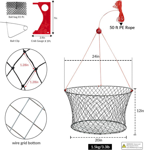 24 QualyQualy Crab Ring Trap Bait with Crab Gague Measure and Bait Clip Crab Net Minnow Trap with Tarred Braided Twine
