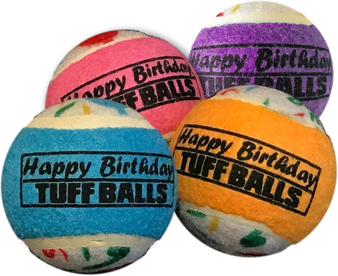 PetSport Jr. Happy Birthday Tuff Ball Dog Toys, 4 Pack Small (1.8") - Durable Felt & Rubber Balls