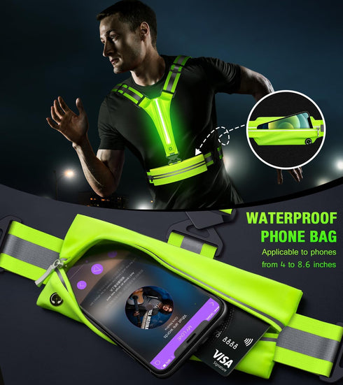 LED Reflective Vest Running Gear Set, USB Rechargeable Light Up Running Vest for Night Walking with Waterproof Phone