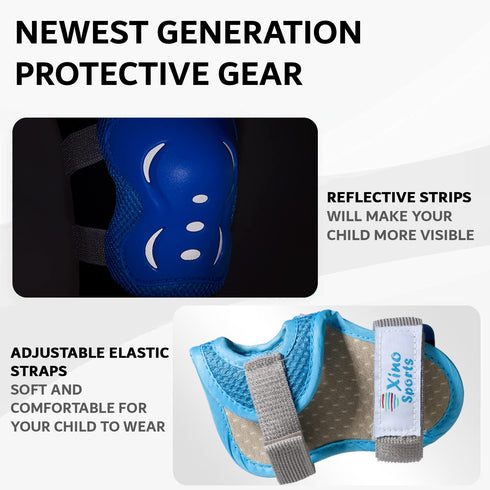Kids/Youth Protective Gear Set, Knee Pads, Elbow Pads, Wrist Guards for Roller Skates, Skateboard, Blue