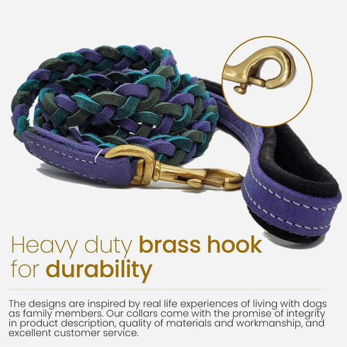 Blazing Paws Vibrania 6 Ft Super Soft Braided Leather Dog Leash, Heavy Duty with Side Ring, Teal Green Blue