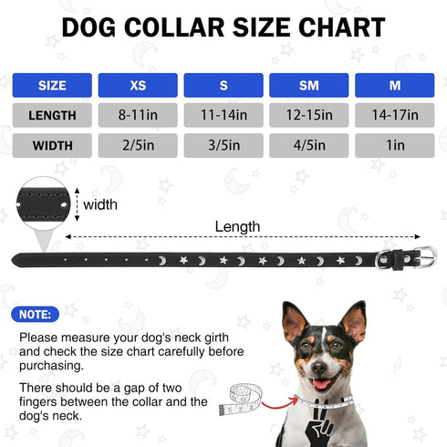 Leather Dog Collar for Puppy - Adjustable Star and Moon Studded Collars with Rust-Proof Metal Buckle and Charms, XS S