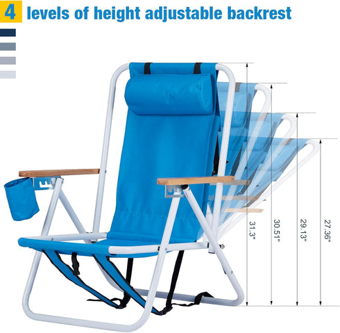 w/4 Outvita Folding Beach Chair Adjustable Headrest Flexible Tilt Angle, Cup Holder Portable High Strength Cleanable