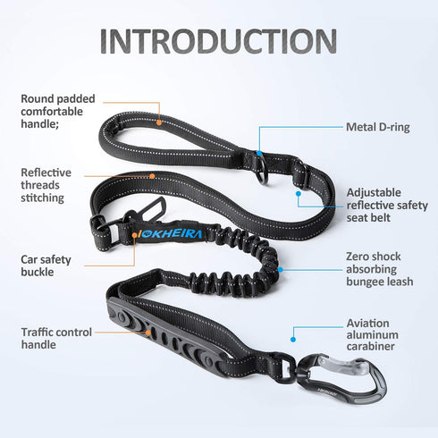 IOKHEIRA Multifunctional Leash with Car Seatbelt for Large, Medium Dogs, Adjustable 4-6 FT Strong Bungee Leash