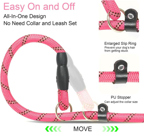 Slip Lead 6 FT for Medium and Large Dogs, Heavy Duty No Pull Reflective Nylon Dog Training Leash, Pink Color