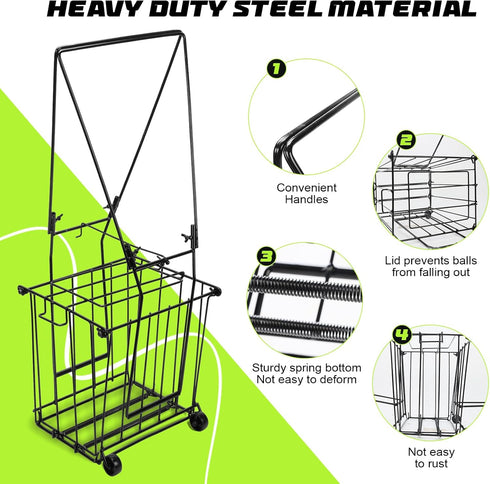 Portable Pickleball Tennis Ball Collector with Wheel - Hopper Container for Picking and Storage Training Tool