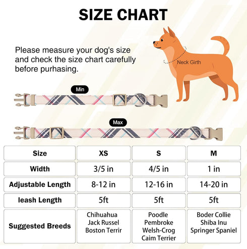 Small Dog Collar and Leash Set, Adjustable Pet Collar for Medium Dogs, 5FT Nylon Leash, Beige M, for Chihuahua, Yorki,