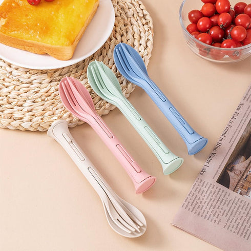 Generic 3PCS Set 3 1 Wheat Straw Cutlery, Reusable Utensils Portable Travel in Spoon Fork Knife Tableware