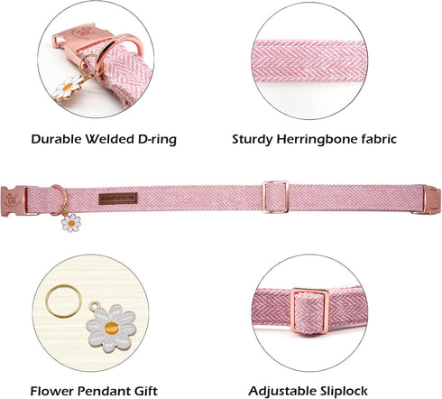 Elegant little tail Herringbone Pink Dog Collar with Bow, Durable Cotton Bowtie Collar for Large Dogs