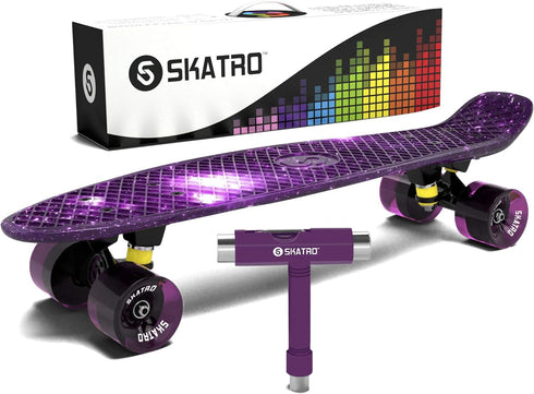Skatro Mini Cruiser Skateboard - 22x6 Inch Retro Style Plastic Board Comes Complete for Kids and Beginners.