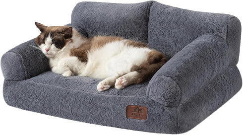 Hollypet Fluffy Plush Dog Cat Pet Sofa Couch, Soft Calming Pet Beds for Medium Small Cats and Dogs, Gray