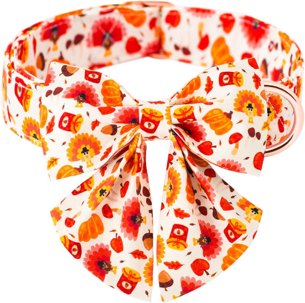 Dog Collar with Pretty Bow Tie - Durable Adjustable Thanksgiving Collar with Pumpkin and Turkey Pattern, Available in