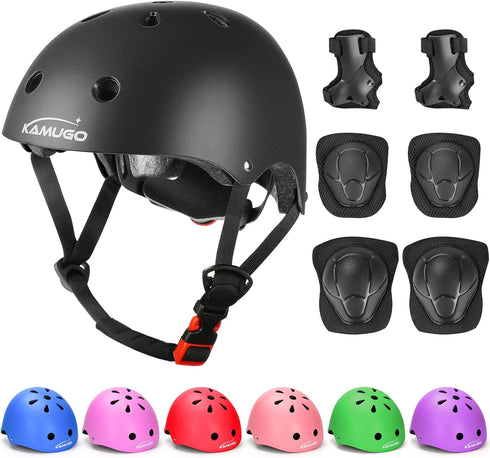 KAMUGO Kids Adjustable Helmet with Sports Protective Gear Set, Knee Elbow Wrist Pads for Age 2-8 Boys Girls