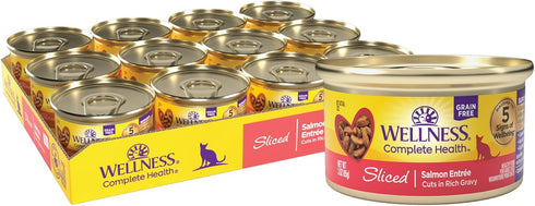 Wellness Complete Health Natural Grain Free Wet Canned Cat Food, Sliced Salmon Entree, 3 oz (Pack of 24)